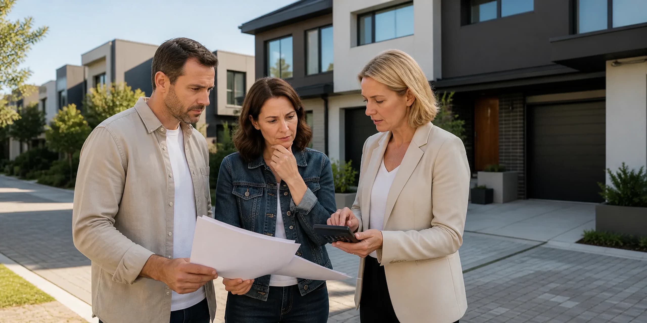 Home buyers and mortgage broker reviewing a bank valuation shortfall outside a townhouse
