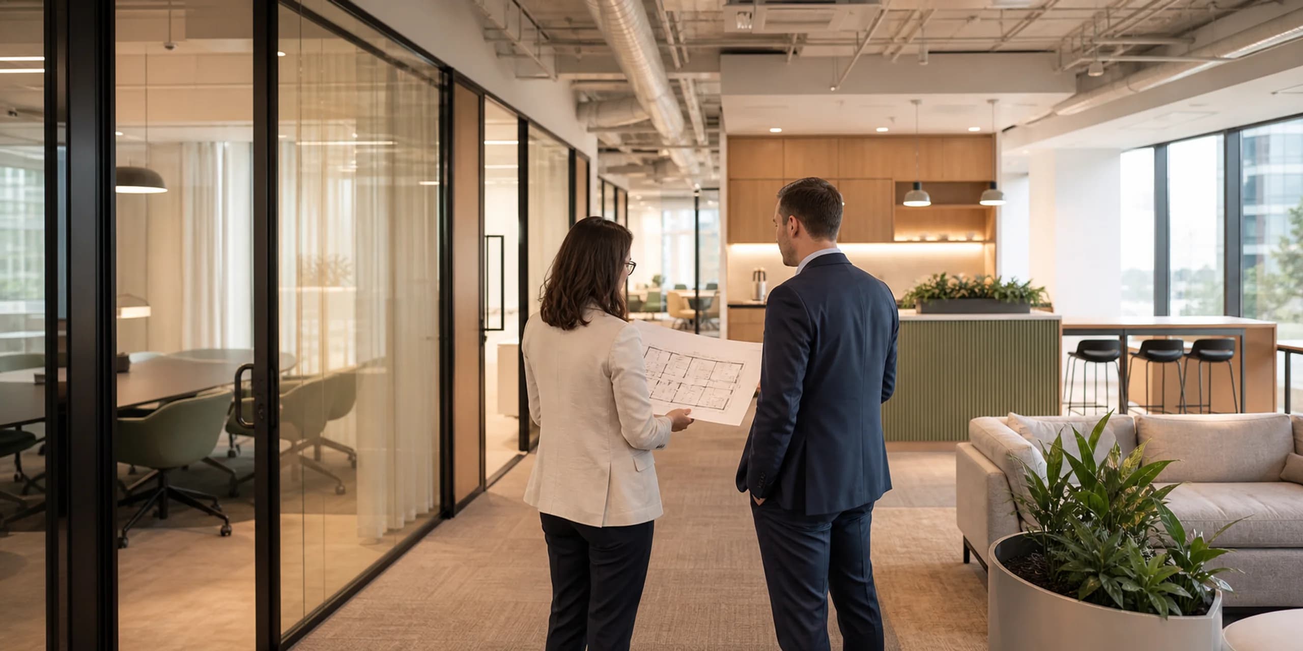 Commercial property professionals reviewing plans inside a completed office fit-out