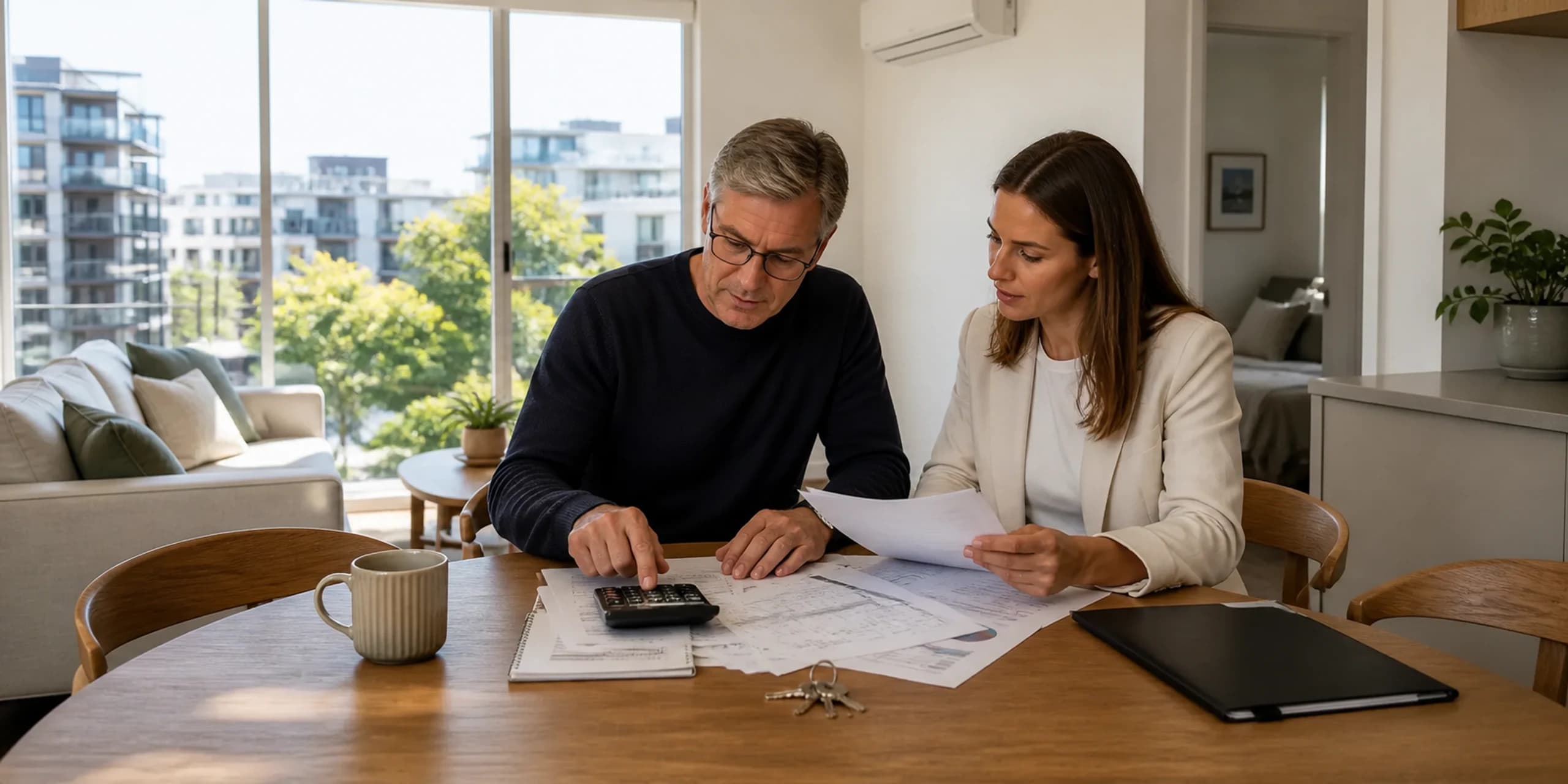 Property investor and manager reviewing rental income, expenses and keys