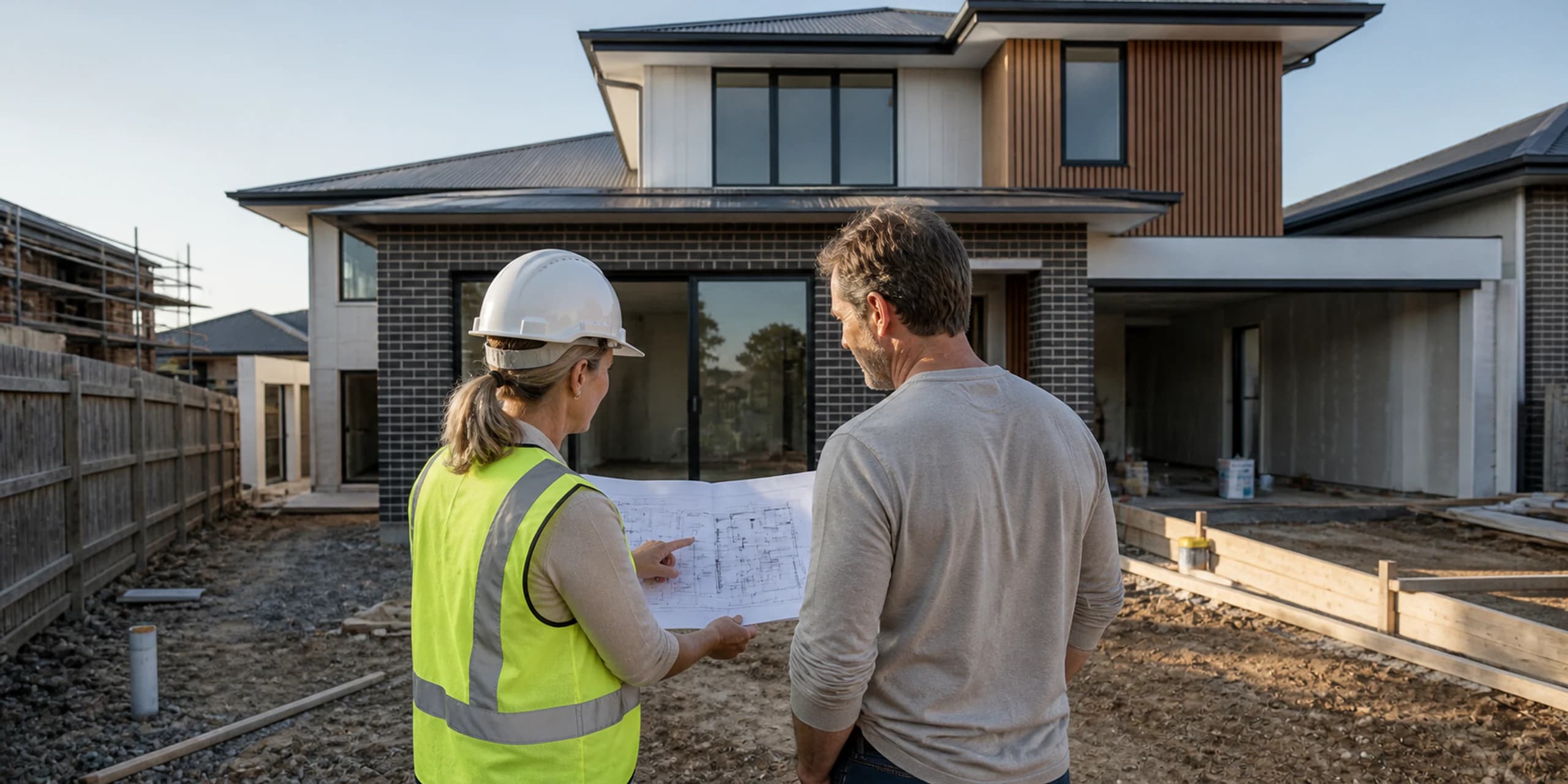 Property valuer and buyer reviewing plans at a nearly completed project home