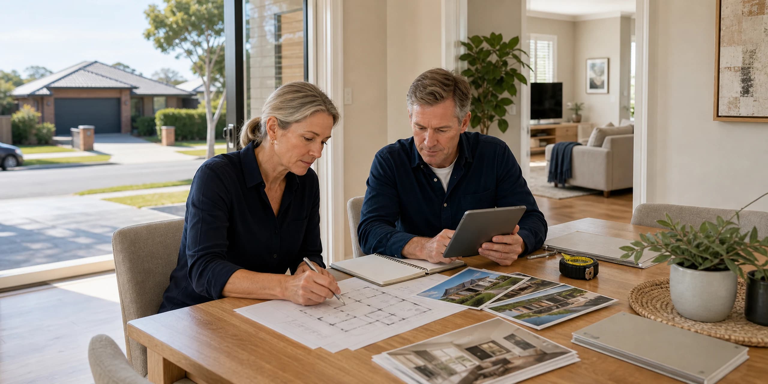 Two property valuers reviewing comparable sales, plans and measurements