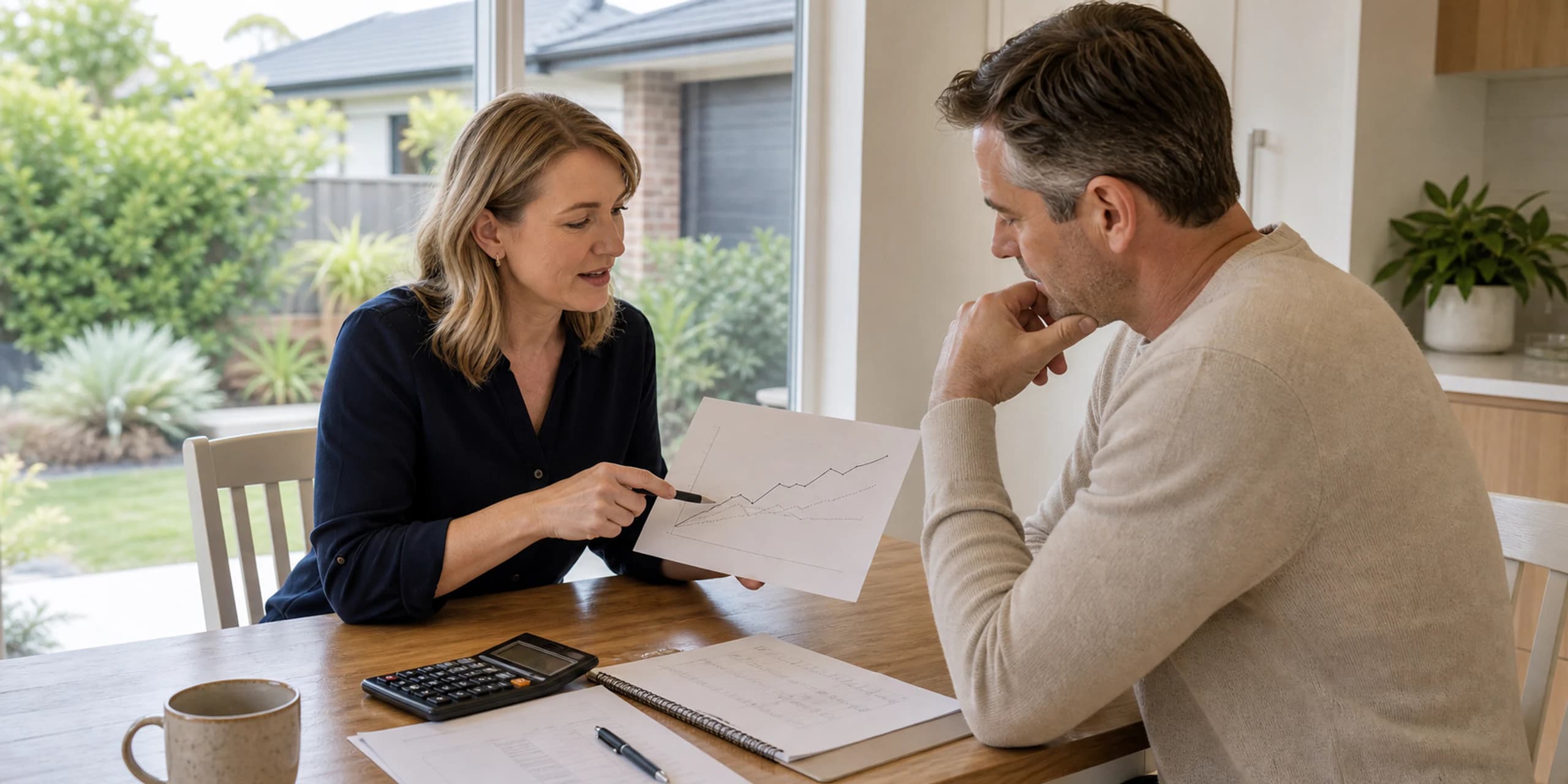 Mortgage adviser explaining interest rate and property price impacts to a homeowner