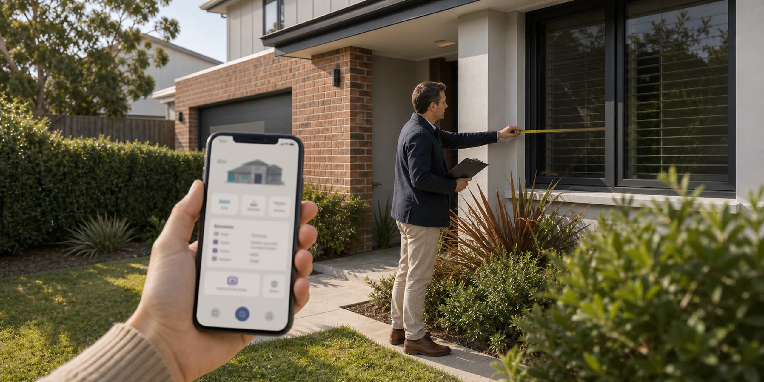Online property estimate on a phone while a valuer inspects the same home