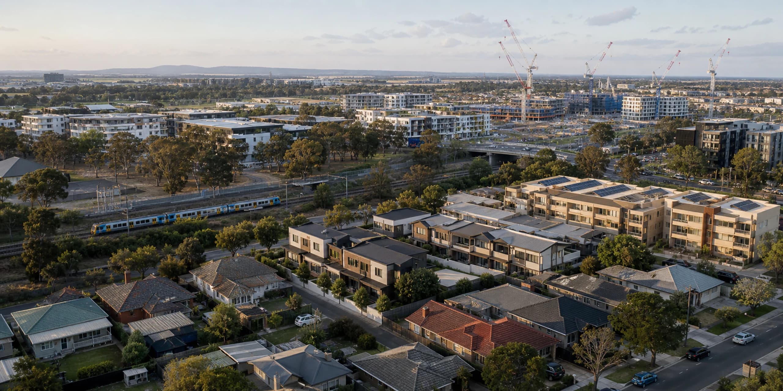 Established and new Australian housing connected by transport in a growing suburb