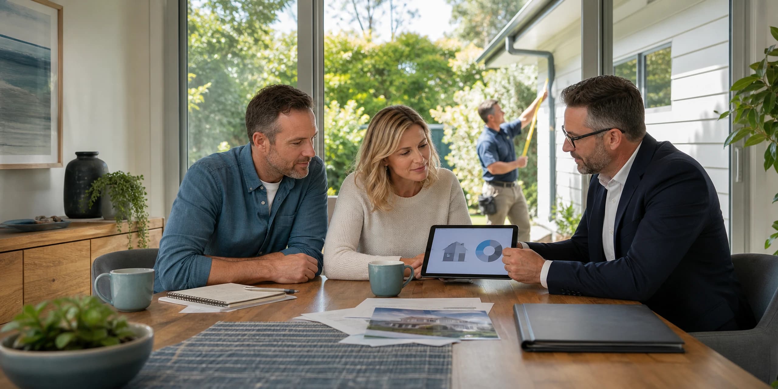 Homeowners discussing usable equity while a valuer measures their property