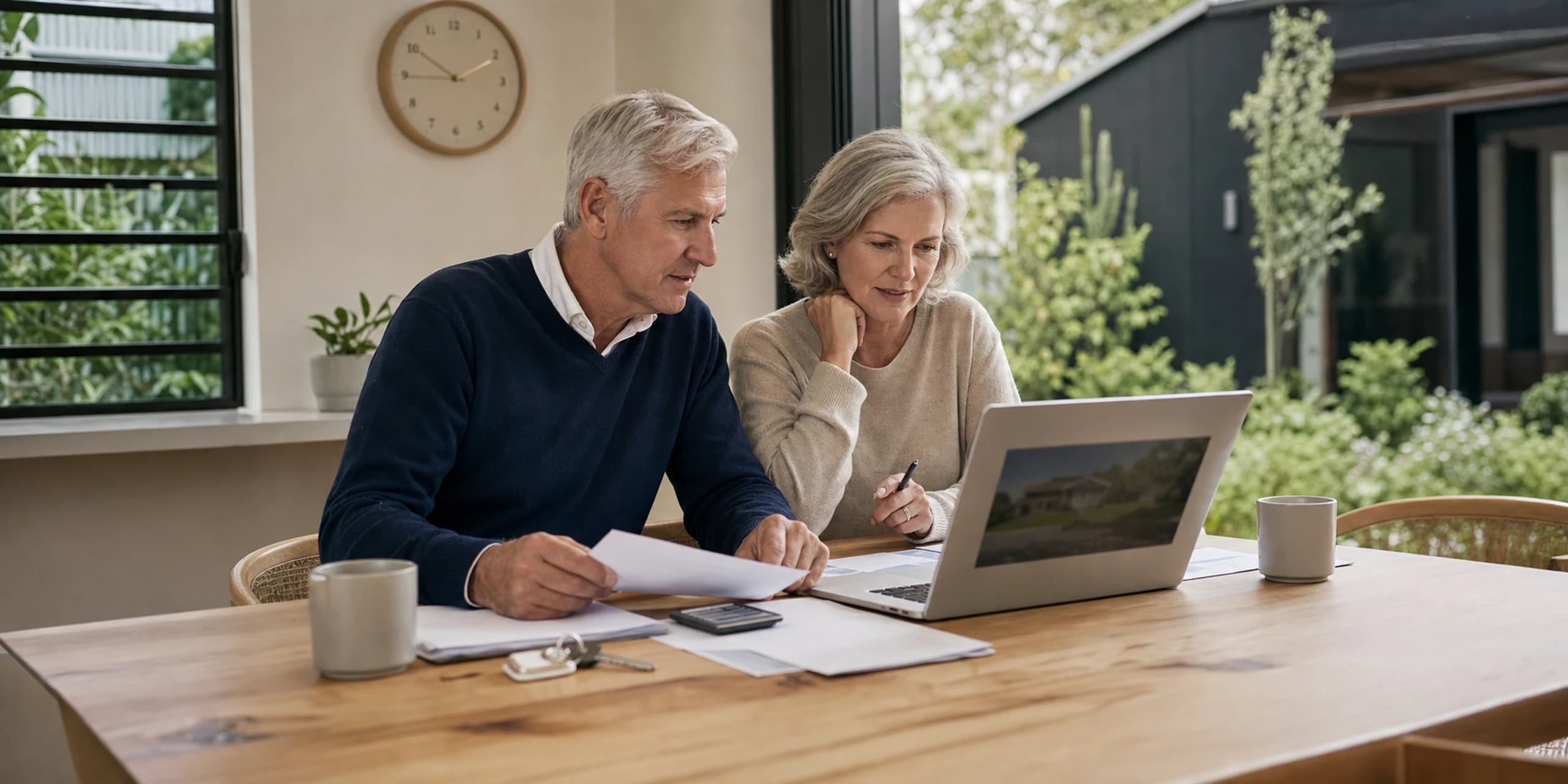 Mature SMSF trustees reviewing property valuation paperwork at home