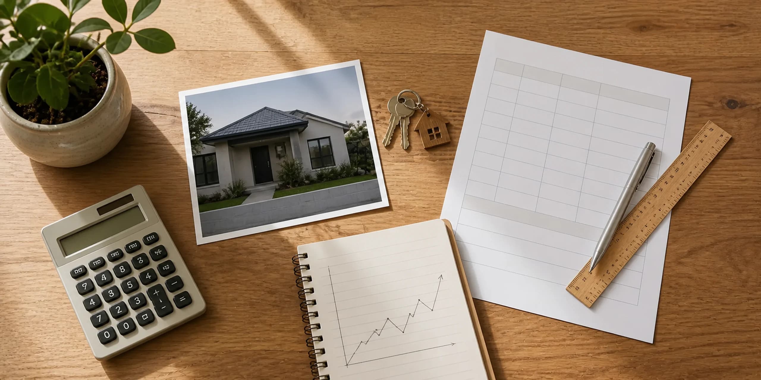 Calculator, rental property photograph, keys and expense worksheet on a timber desk