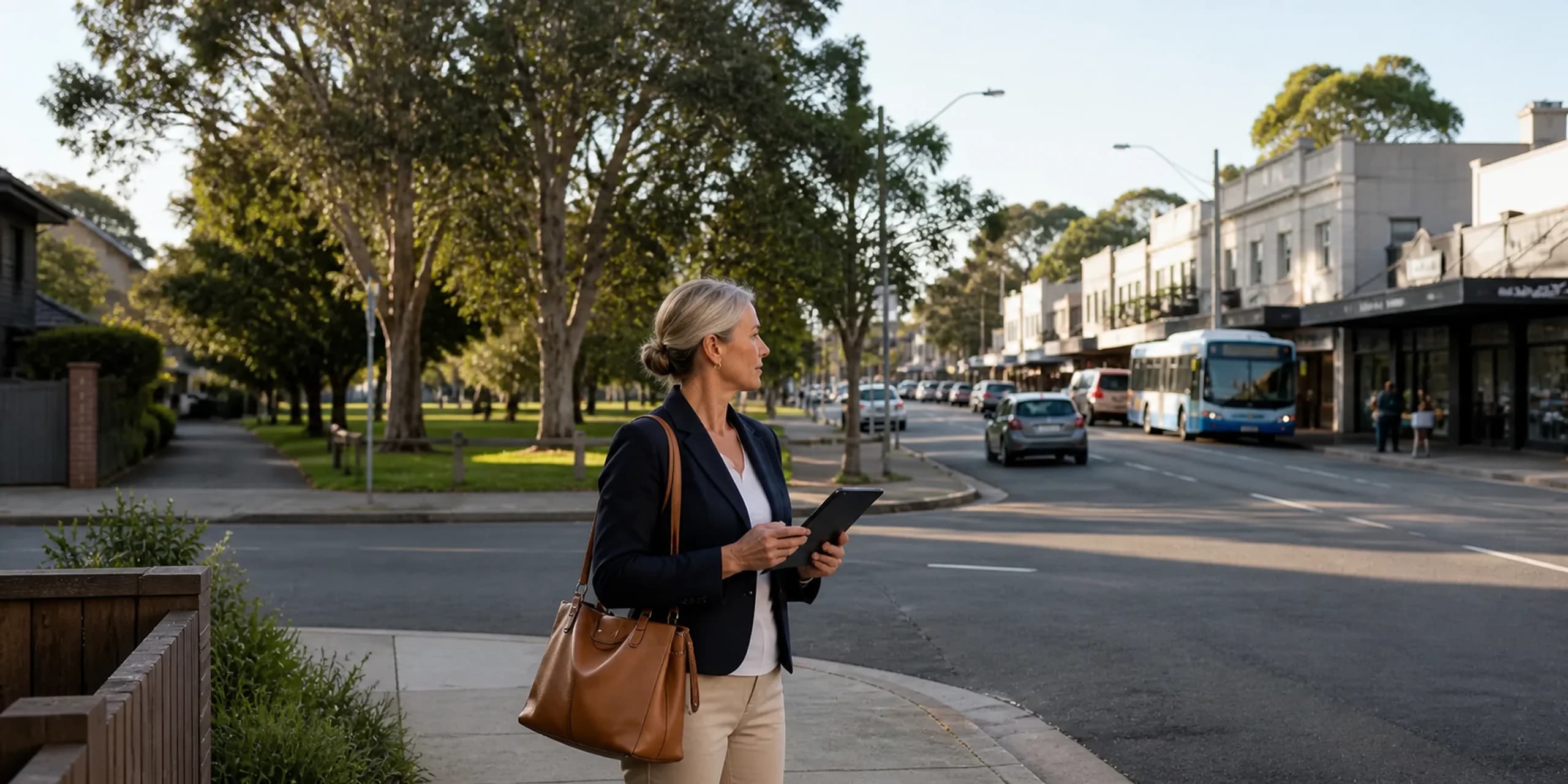 Property valuer assessing a residential street near parks, shops and public transport