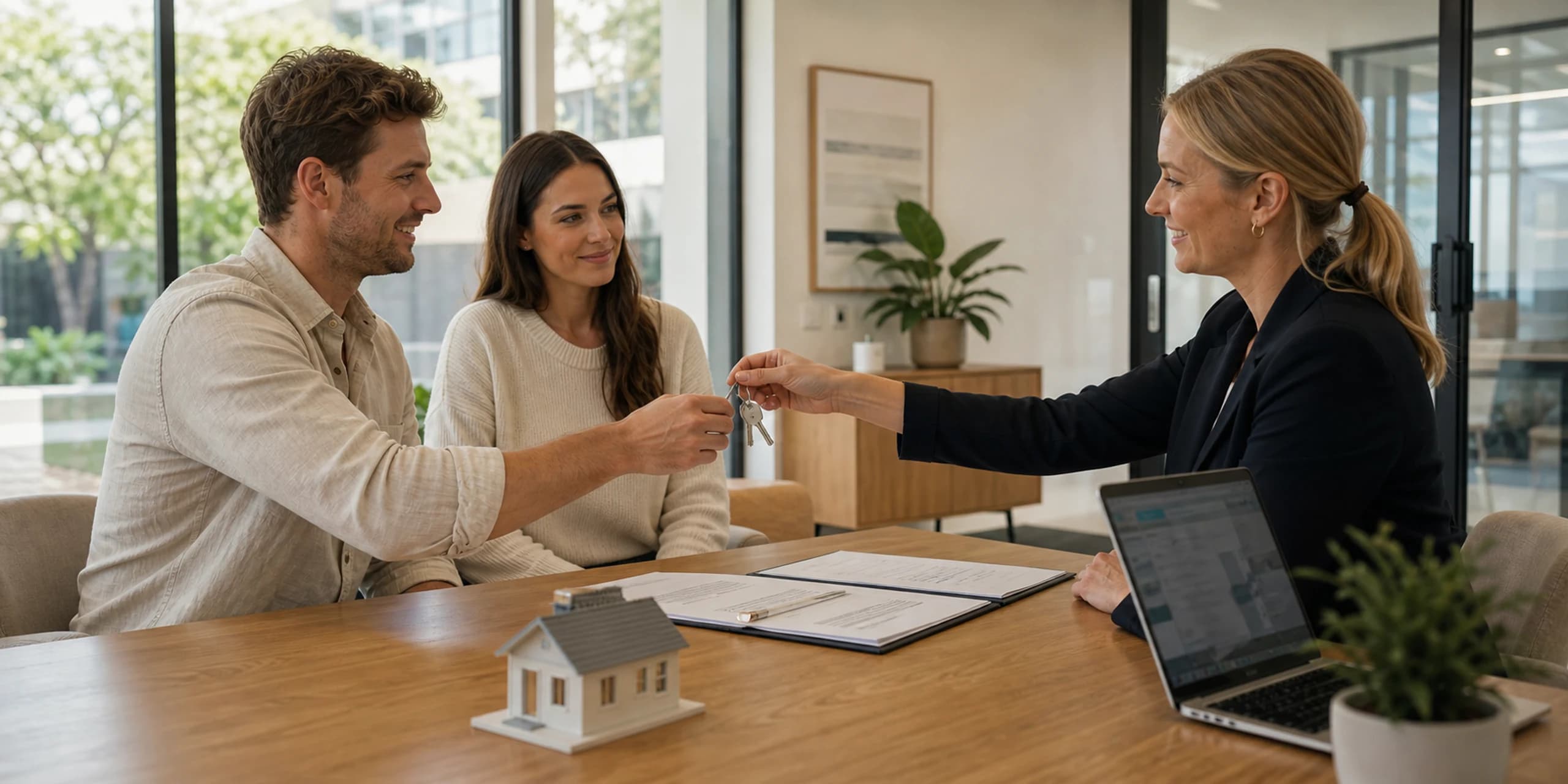 Conveyancer handing house keys to buyers after property settlement