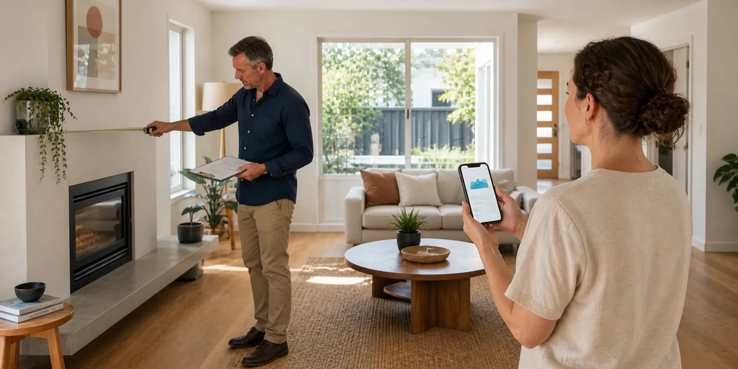 Valuer measuring an Australian home while the owner checks an online estimate